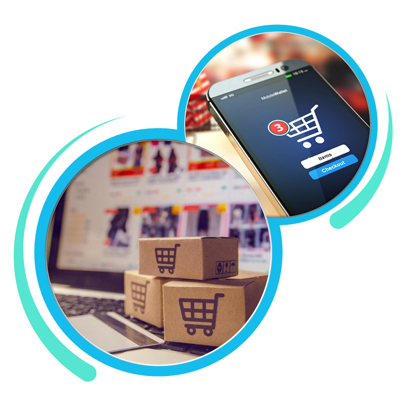 Little order boxes in a laptop plus online shopping cart in smartphone